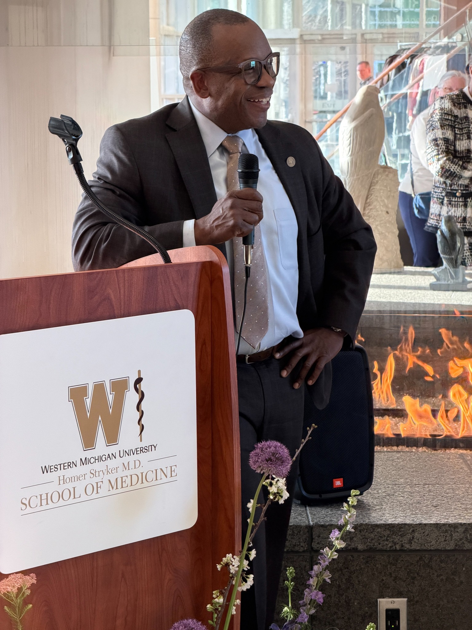 J. Adrian Tyndall, MD, MPH, FACEP, The Hal B. Jenson, MD Dean, President and CEO - WMU Homer Stryker M.D. School of Medicine, speaks at the "Evening with the Dean" event on March 19, 2026