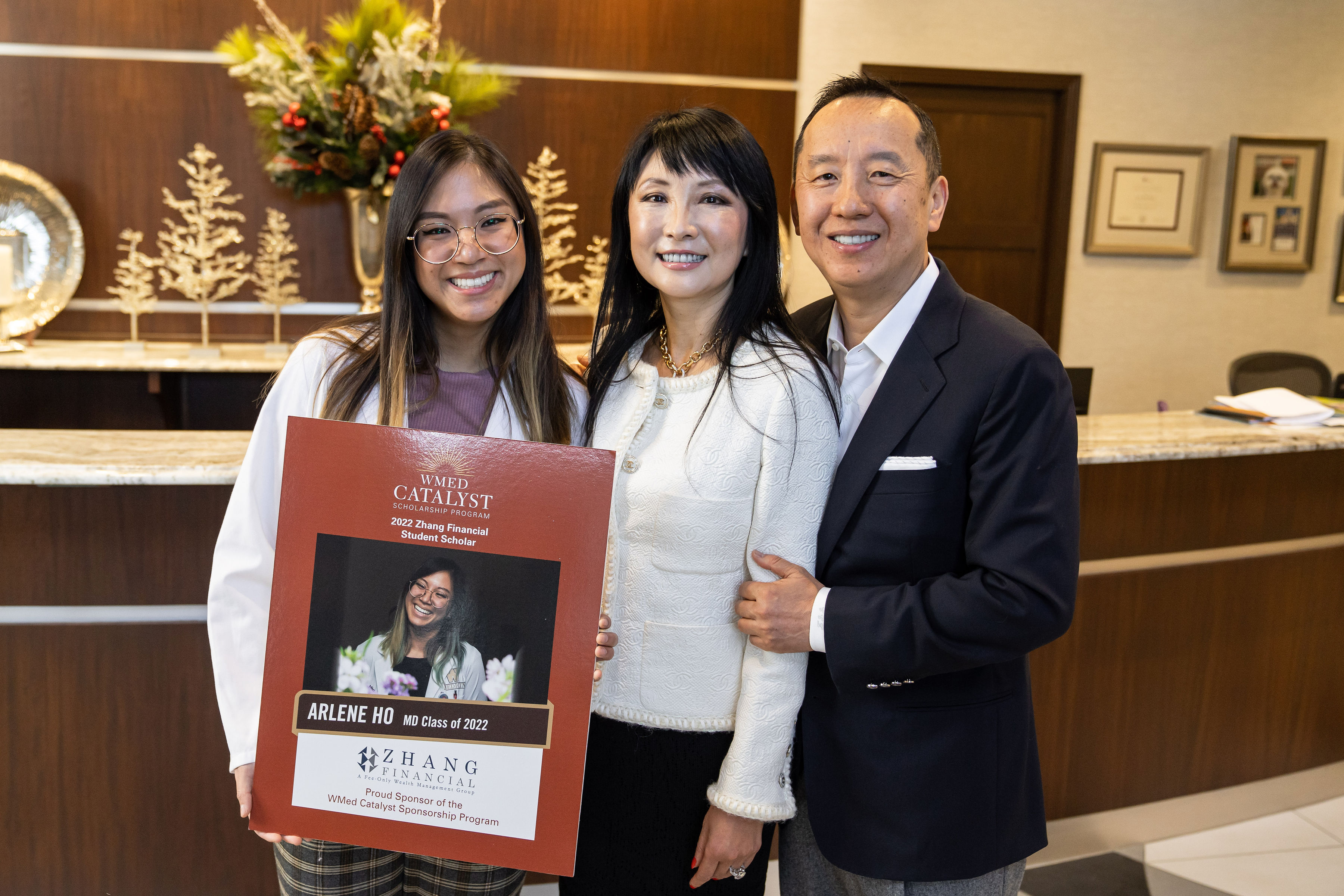WMed Catalyst Scholarship Program - Lynn and Charles Zhang with M4 Arlene Ho