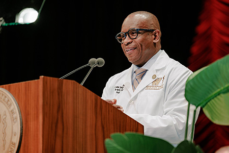 J. Adrian Tyndall, MD, MPH, FACEP, The Hal B. Jenson, MD Dean, President and CEO - WMU Homer Stryker M.D. School of Medicine, speaks at the Class of 2030 White Coat Ceremony