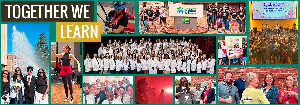 WMed Together We Learn Homepage Banner Featuring Photos from the Class of 2030 White Coat Ceremony; Day of Service; Medical First Responder Capstone Event; WMed Community Picnic; Student Interest Group and Student Organization Fair, and the HeART of WMed art showcase